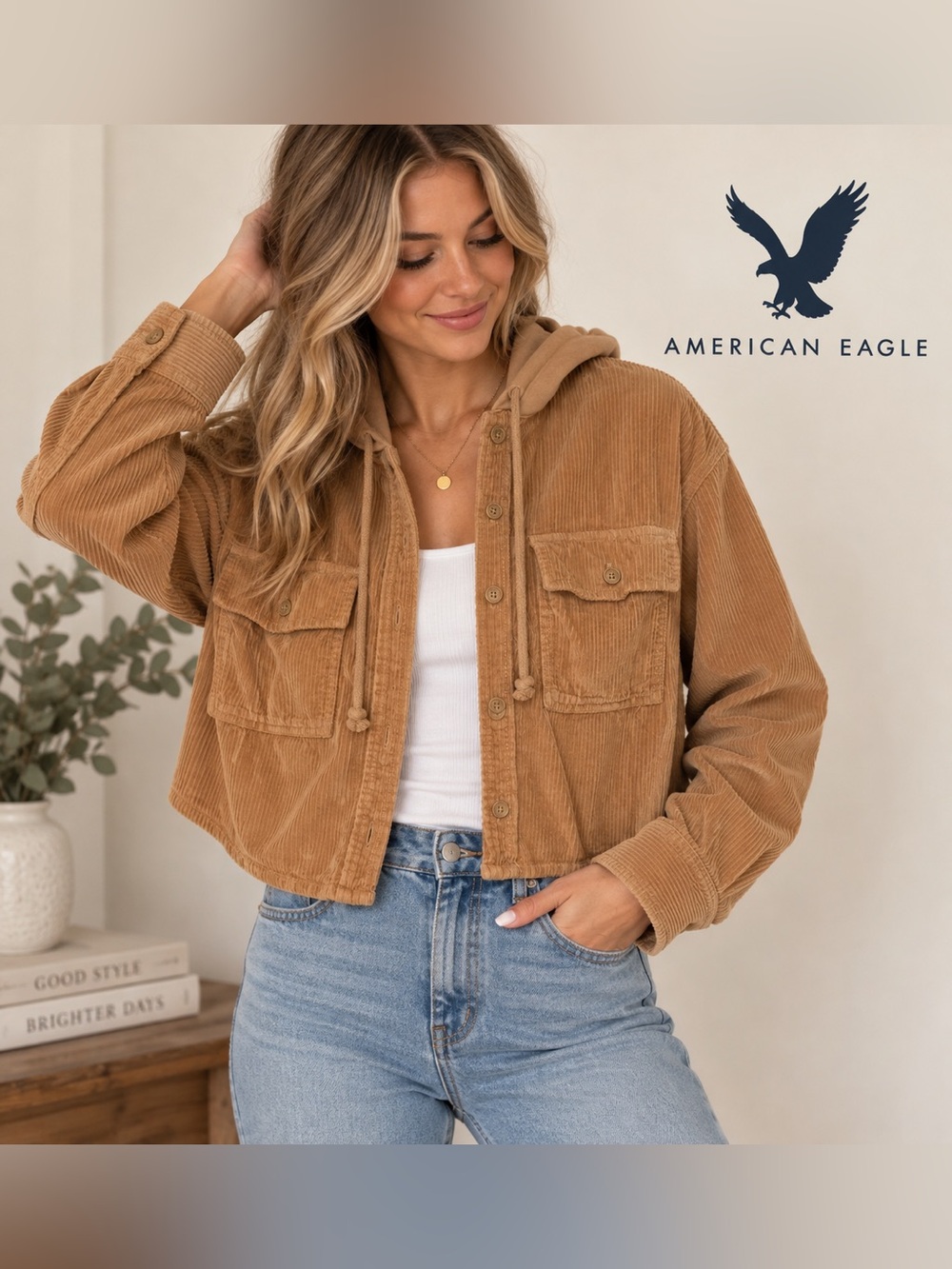 American Eagle Tan Corduroy Cropped Hooded Jacket - Shacket - 100% Cotton